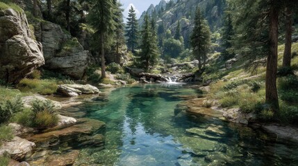 Obraz premium Crystal Clear Mountain Pool Surrounded by Lush Greenery
