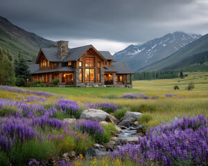Mountain house with large windows glowing warmly in evening light, surrounded by vibrant purple wildflowers and flowing creek, set against dramatic cloudy sky and snow capped peaks