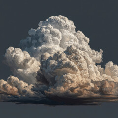 Fluffy cumulus cloud with intricate texture and soft lighting against dark sky, creating dramatic and peaceful atmosphere in natural scene