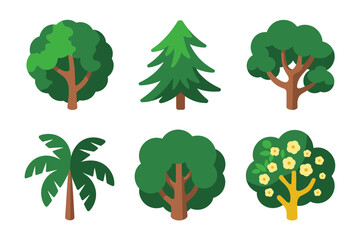 Fototapeta premium Fruit tree and forest icons, apple citrus and evergreen varieties, natural park vegetation, agricultural orchard symbols, outdoor landscape vector collection