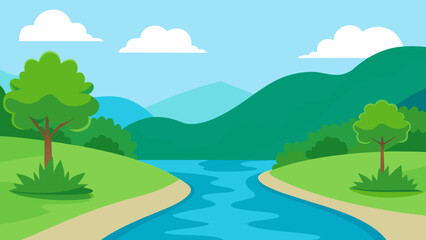Fototapeta premium Stroll Along a Lush River Bank Vibrant Nature Vector Illustration Design