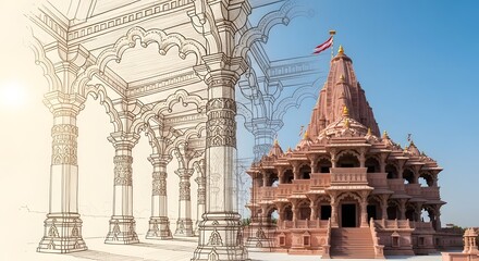 Conceptual image contrasting architectural sketch of temple elements with the completed Ram Mandir structure under a clear sky.