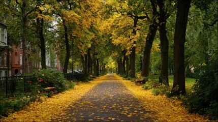 Obraz premium イチョウの葉っぱが降り積もった道