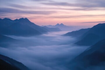 "Mountain Range at Dawn with Misty Valley - Serene Landscape for Nature Lovers"