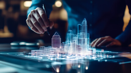 An architect brings architectural designs to life with 3D holographic construction models. The concept of innovation in architecture and futuristic design. Generative Ai.