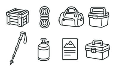Essential camping gear icons: crate, rope, duffel, cooler, stick, gas, map