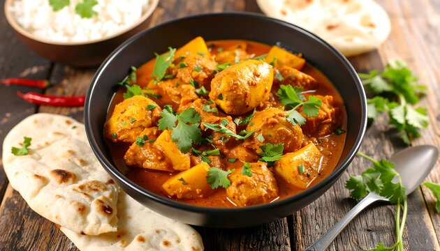 Aromatic chicken curry with rice and naan