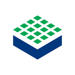 Cube abstract logo in green and blue, modern geometric icon for technology, architecture, and corporate identity.