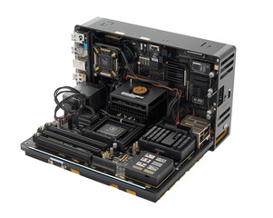 Deconstructed Computer Case Showcasing Internal Components and Advanced Cooling System