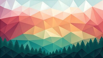 Geometric landscape illustration with trees and mountains in a polygonal style,low poly gradient background