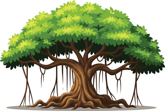 Majestic banyan tree with lush green canopy and aerial roots.
