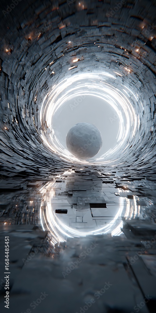 Poster an abstract art piece featuring a spherical object within a tunnellike structure, creating a sense o