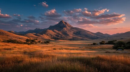 Obraz premium Golden Sunset Over a Mountain Range and Field