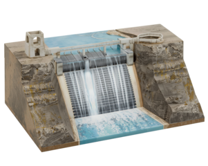 Detailed model showcasing a dam's construction and functionality, highlighting water management