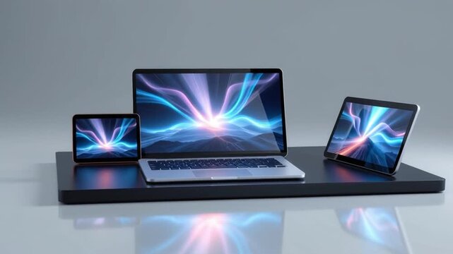 Laptop tablet smartphone modern technology digital device screen display with glowing abstract screens black platform, wireless portable futuristic