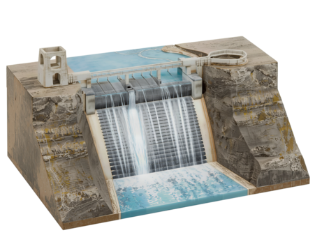 Detailed model showcasing a dam's construction and functionality, highlighting water management