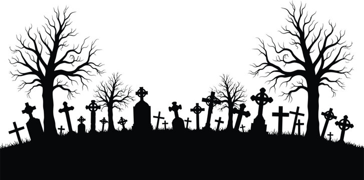 Silhouette of a spooky graveyard with tombstones and trees, perfect for halloween and gothic themed designs