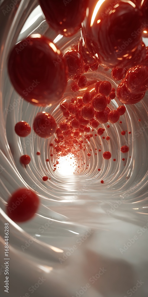 Poster abstract tunnel with red spheres creating a dynamic motion and depth, a futuristic and artistic desi