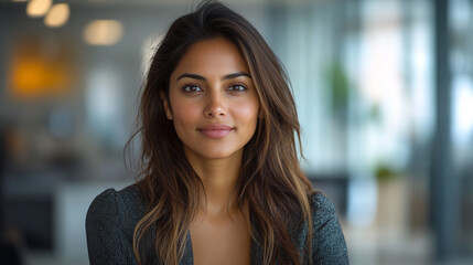 Fototapeta premium Confident Young Woman Posing in a Bright Office Environment with Professional Demeanor