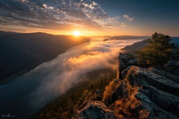 Sunrise over Mountain Valley with Fog and River, Scenic Landscape