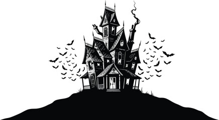 Haunted house with bats, a scary and spooky mansion with a dark and evil mystery, a vintage style building