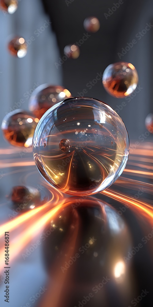 Poster abstract spheres with light trails and reflections, creating a modern and futuristic design with a b