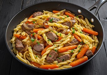 A gourmet spiral pasta dish with seared beef, carrots, and caramelized onions in a dark pan