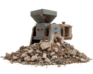 Elevated view of a vintage mining machine perched on a pile of stones, evoking industry