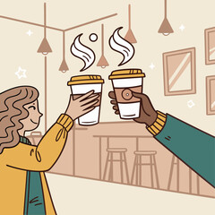 Friends toasting with coffee cups in a cozy cafe setting celebrating friendship and enjoying a warm beverage together in a relaxed atmosphere