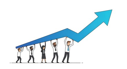 Teamwork and Growth: A united group of business people work together, lifting a large upward arrow in a dynamic cartoon illustration, representing growth and progress