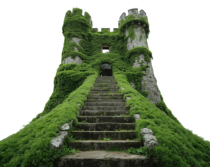 Enchanting view of an ancient stone tower, its steps and walls adorned with verdant foliage