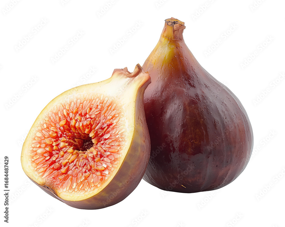 Poster exquisite fig duo a close up studio shot displaying a slice and whole fig against a plain field