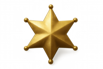 Gold seven-pointed sheriff star badge on transparent background, representing authority, law enforcement, and the wild west