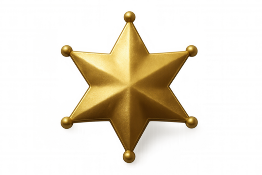 Gold seven-pointed sheriff star badge on transparent background, representing authority, law enforcement, and the wild west