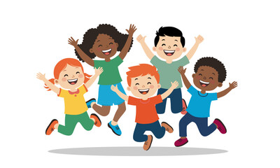 Vector illustration of a group of happy children jumping and smiling together.