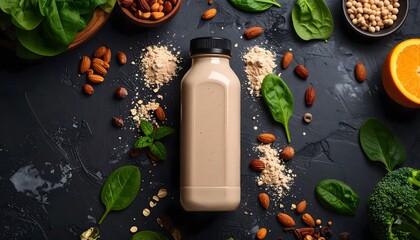 Delicious Nutritional Shake Bottle with Fresh Fruits and Healthy Ingredients on Dark Background for Fitness and Wellness Lifestyle