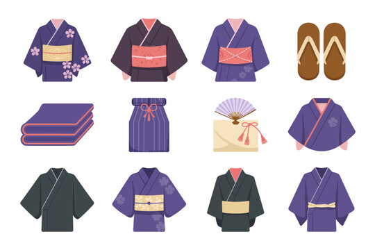 Traditional kimono clothing icons, folded robes obi belts, geta sandals, folding fan, hairpin accessory, layered robe variations, cultural garment pack