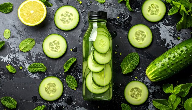 Refreshing cucumber detox water in glass bottle with sliced cucumbers mint leaves lemon slices on dark background for healthy hydration drink