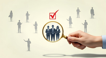 Hand holding magnifying glass, focuses on selected candidates, with check mark, for recruitment and hiring process