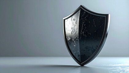 A gleaming, textured metal shield stands against a softly lit, neutral background, symbolizing protection, strength, and security with its imposing presence and robust design