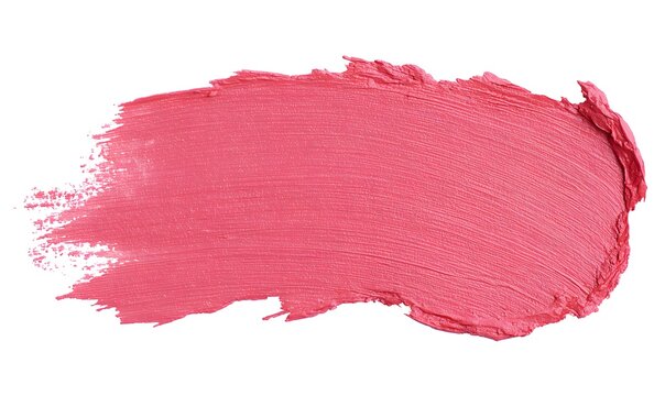 A single, thick brushstroke of pink lipstick on a white background, creating an elegant and minimalist composition