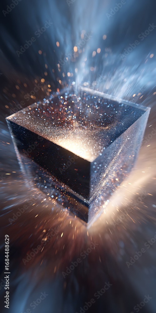 Poster abstract cube with glowing particles, creating a sense of depth and motion through a digital space w
