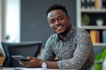 Young smiling male office worker sitting at a desk and working on a tablet, efficiently managing tasks while maintaining a positive and approachable attitude, Generative AI