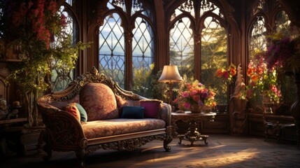 Luxurious living room in fantasy style with ornate furnishings and beautiful golden hour lighting