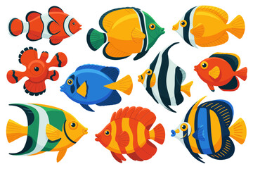 Naklejka premium Tropical reef fish vector set, vivid clownfish angelfish butterflyfish tang, coral reef accents, colorful marine animal illustrations, playful underwater icons