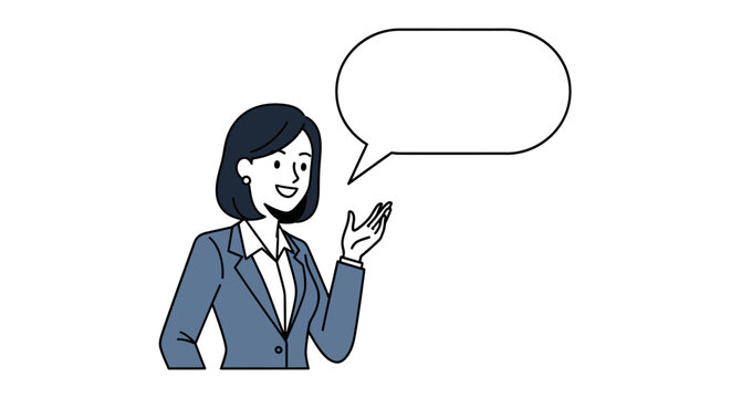 Illustrated professional woman with speech bubble communicating an idea or proposition