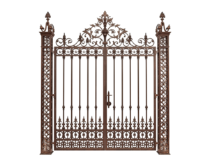 Intricate Antique Metal Gate with Ornate Details on Neutral Background, Ideal for Design Use