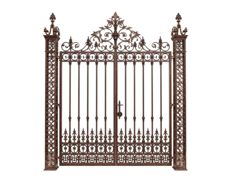 Intricate Antique Metal Gate with Ornate Details on Neutral Background, Ideal for Design Use
