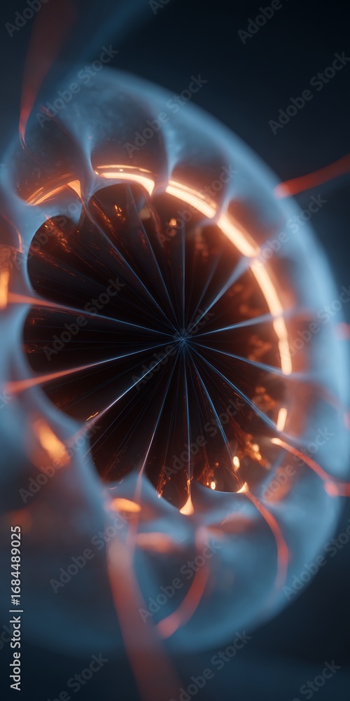 Poster abstract futuristic background with a dynamic blend of swirling blue and orange hues, creating a cap