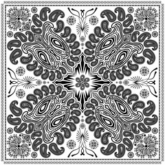 Bandana paisley square ethnic floral hand drawn pattern.Ornament classic vintage vector elements black on white background.Design for scarf,headscarf,kerchief,hijab,tablecloth,print fabric,decoration.